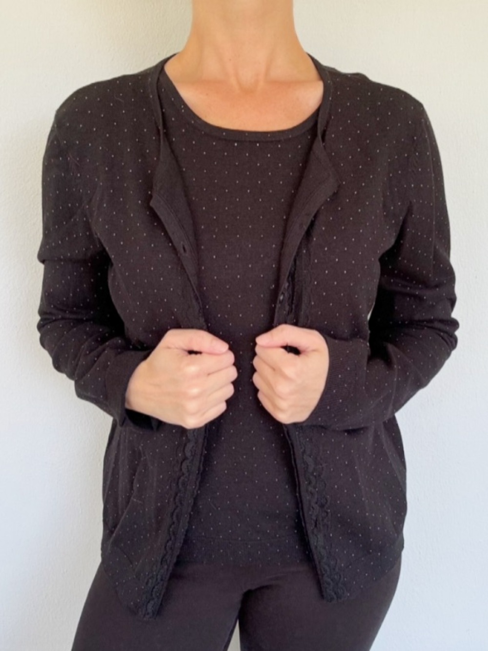 Josephine black silk dot print matching cardigan sweater set medium/large
